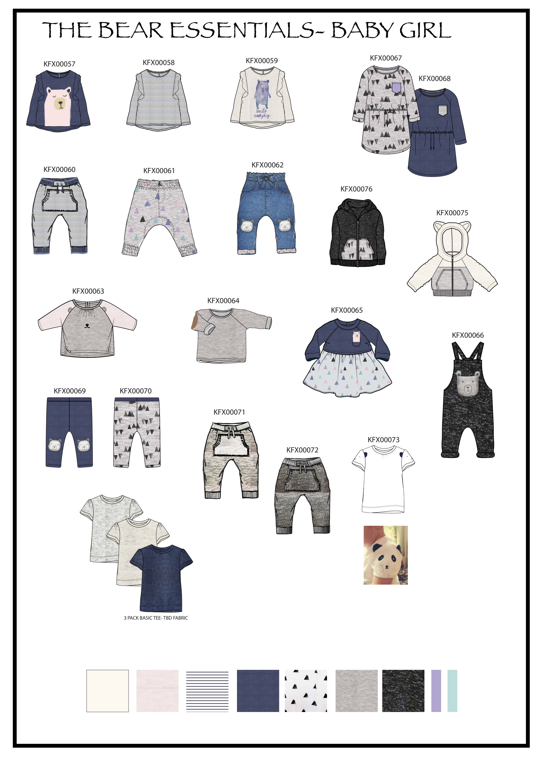 The Bear Essentials baby girl range plan: flat sketches with style codes, fabric swatches and a row of colour and pattern chips