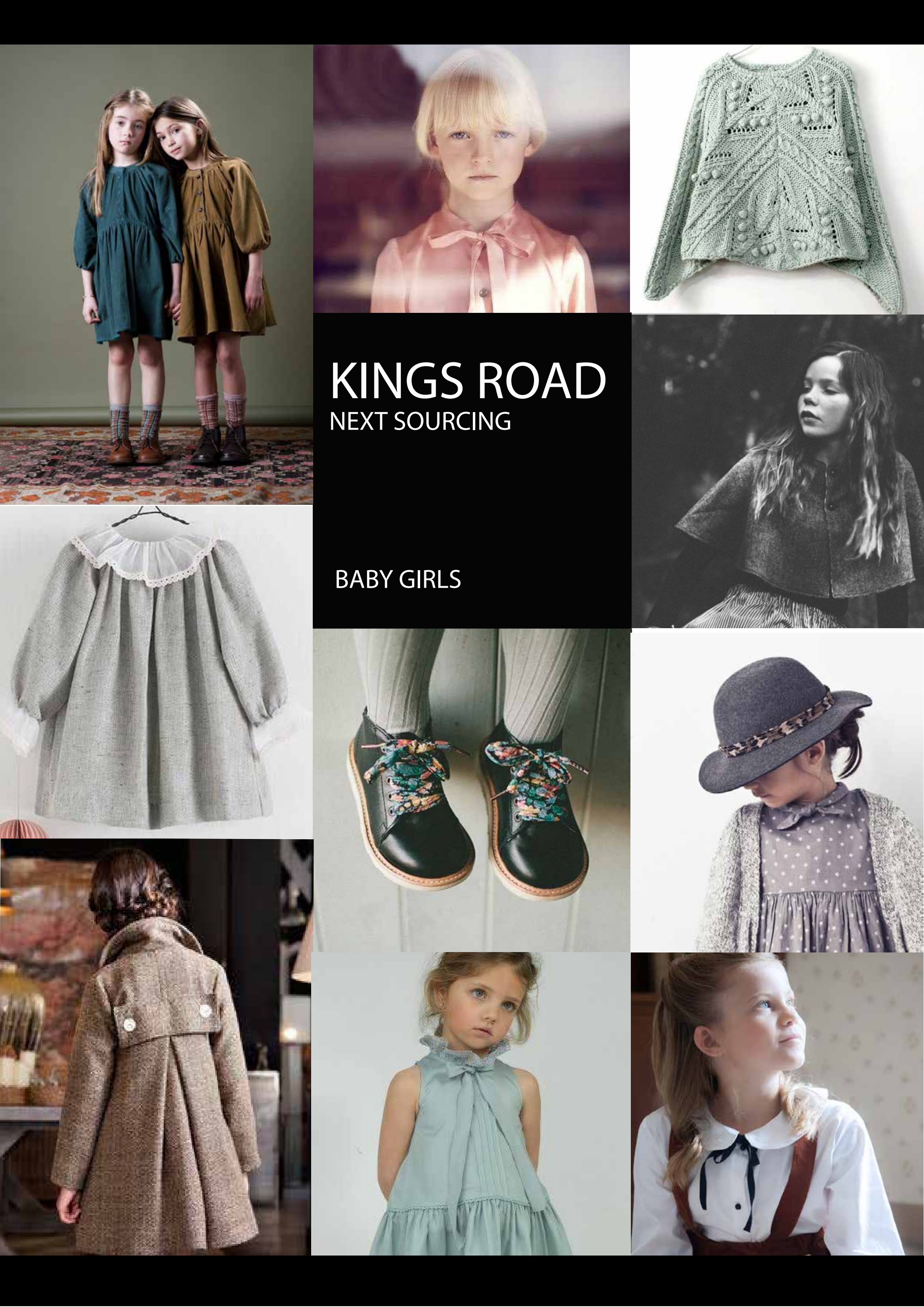 Kings Road mood board for Next sourcing baby girls: heritage photography in dusty teal, blush, oatmeal and tweed around a black title panel
