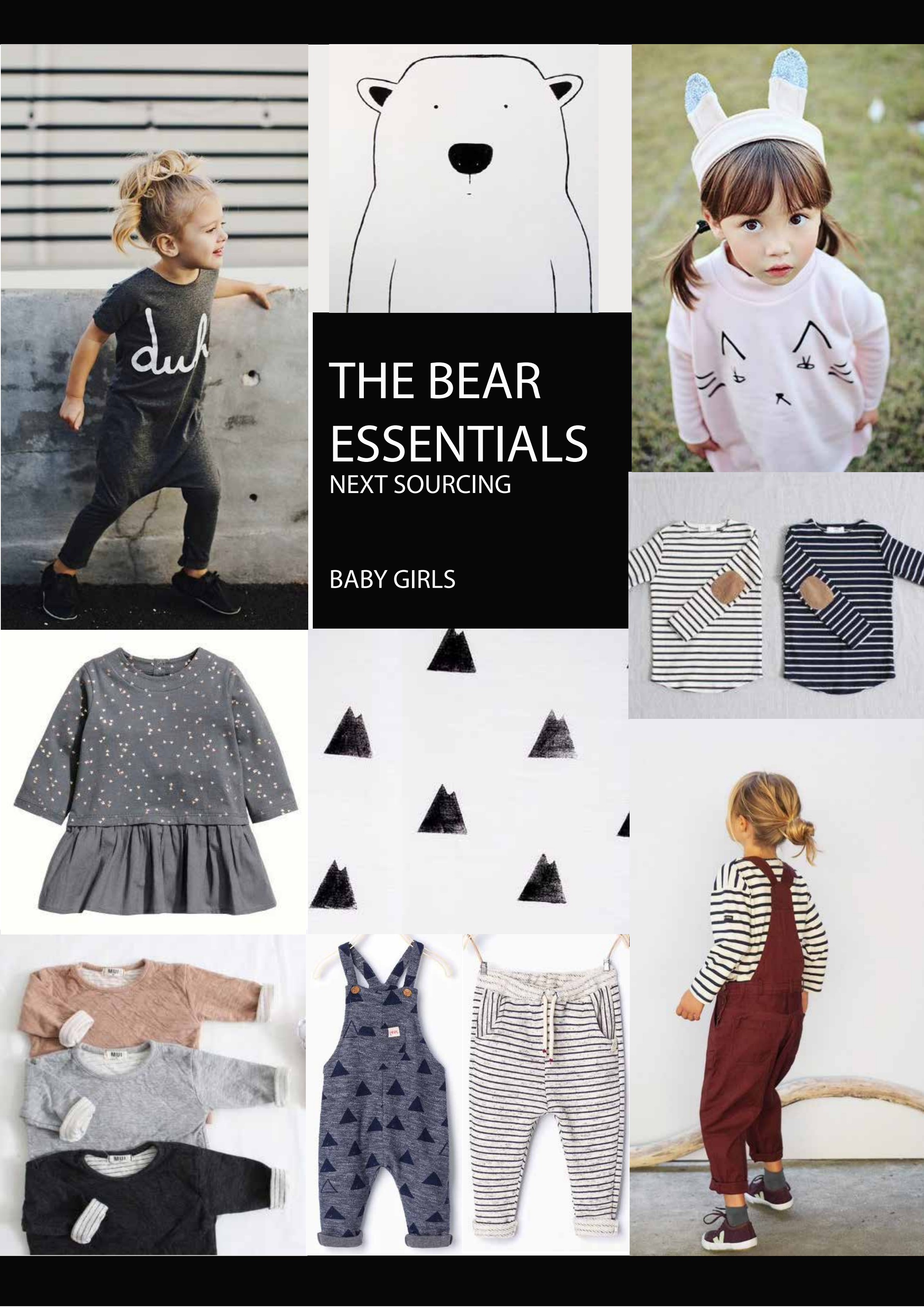 The Bear Essentials mood board for Next sourcing baby girls: black, grey, washed denim and blush photography around a black title panel