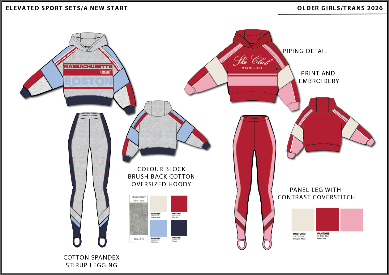 Elevated sport sets board for older girls Trans 2026: colour-blocked oversized hoodies and stirrup leggings in grey marl and crimson with fabric swatches and Pantone chips