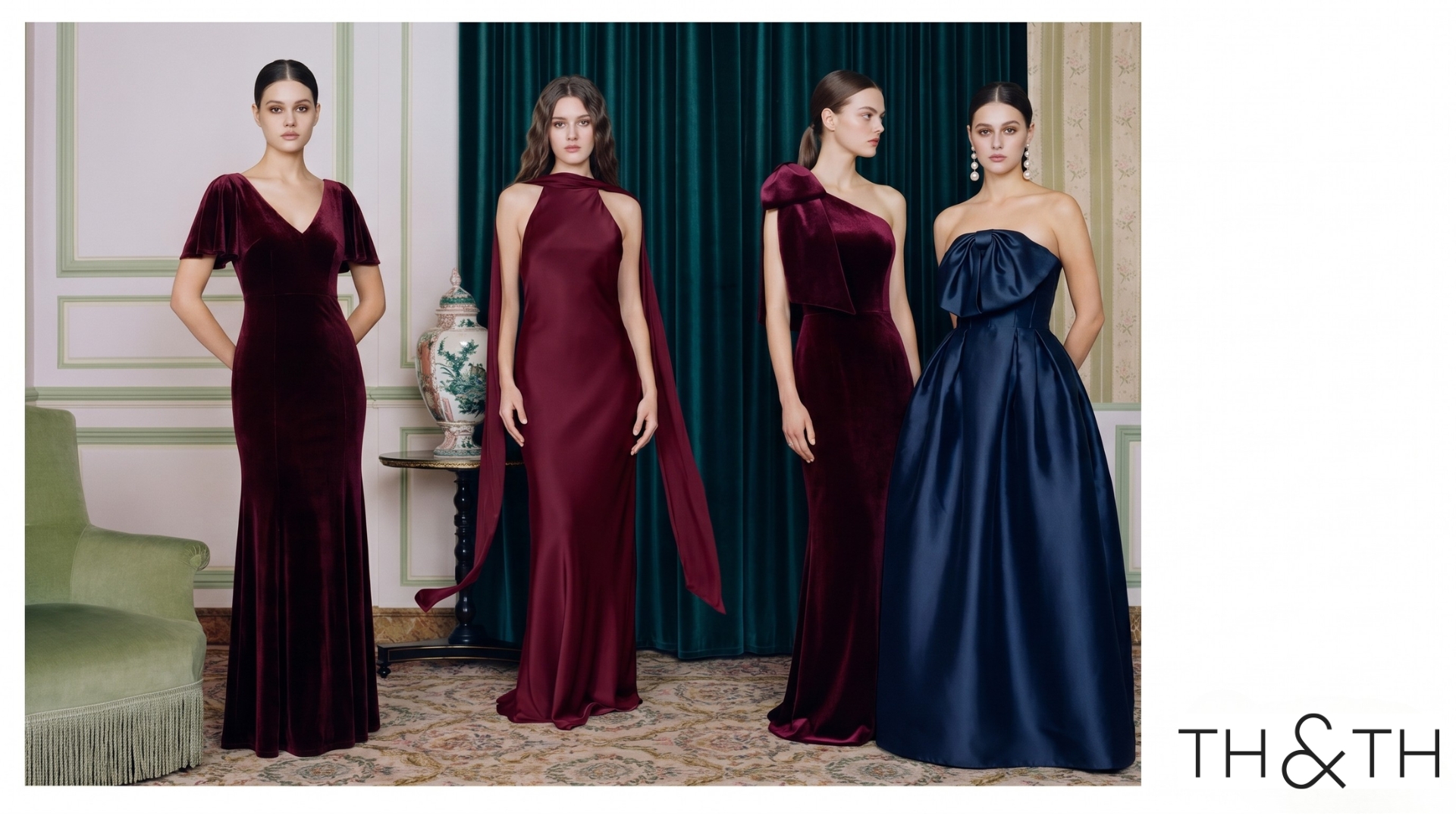 Four models in velvet and satin gowns in burgundy, navy and emerald for TH&TH