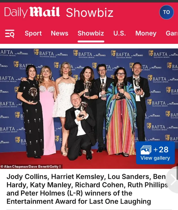Lou Sanders and the Last One Laughing BAFTA-winning team in TH&TH on the red carpet