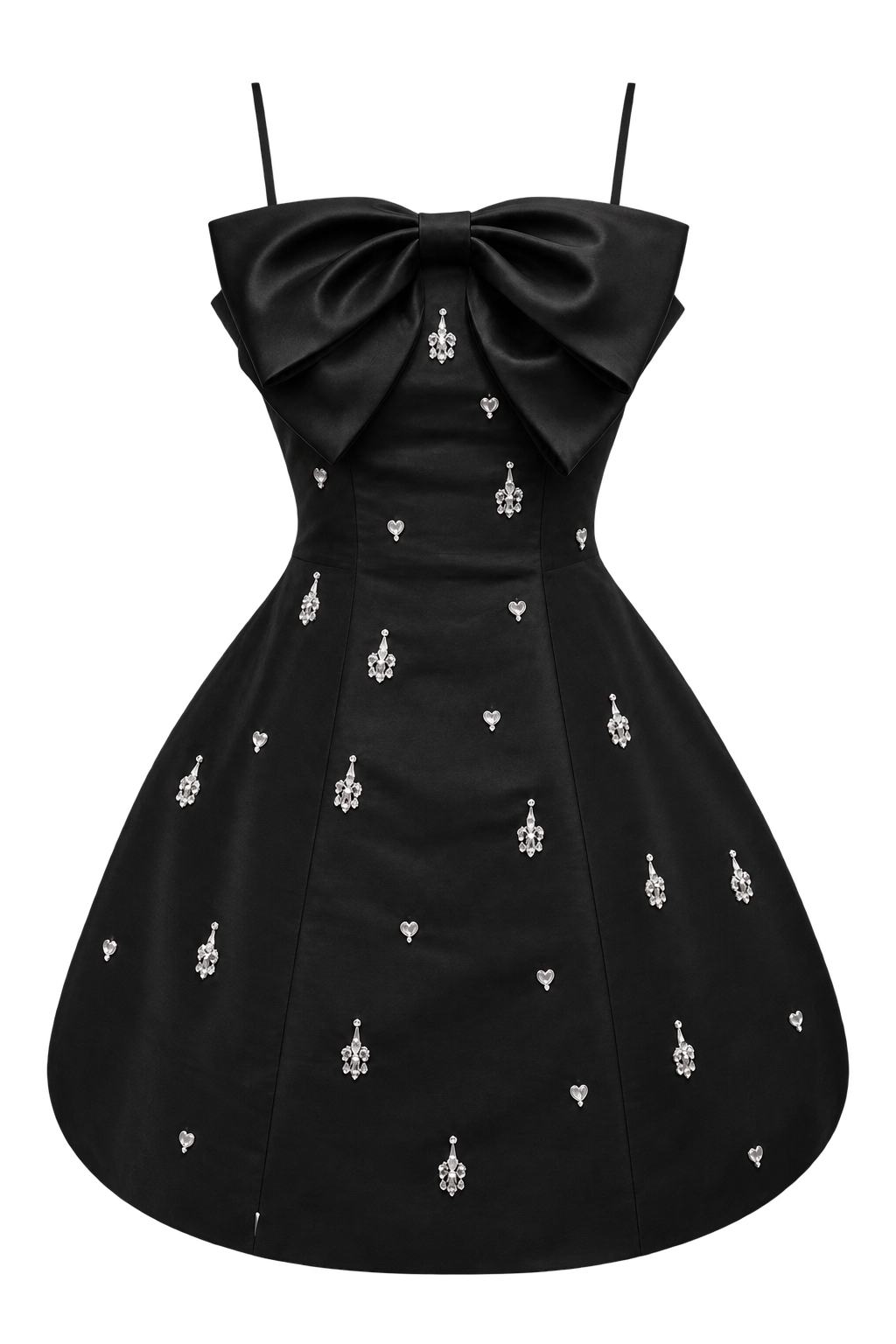 Zephyr black mini dress with an oversized bow bodice and crystal scatter