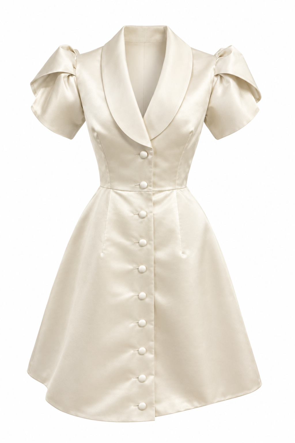 Bianca ivory satin dress with a shawl collar, puff sleeves and button front