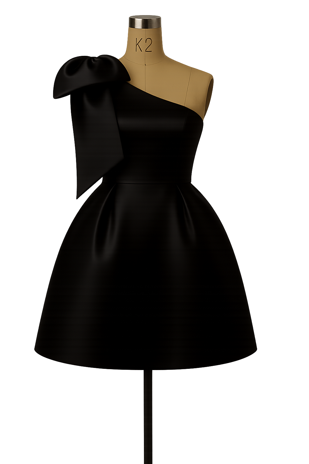 Ritz black one-shoulder mini dress with an oversized shoulder bow on a mannequin