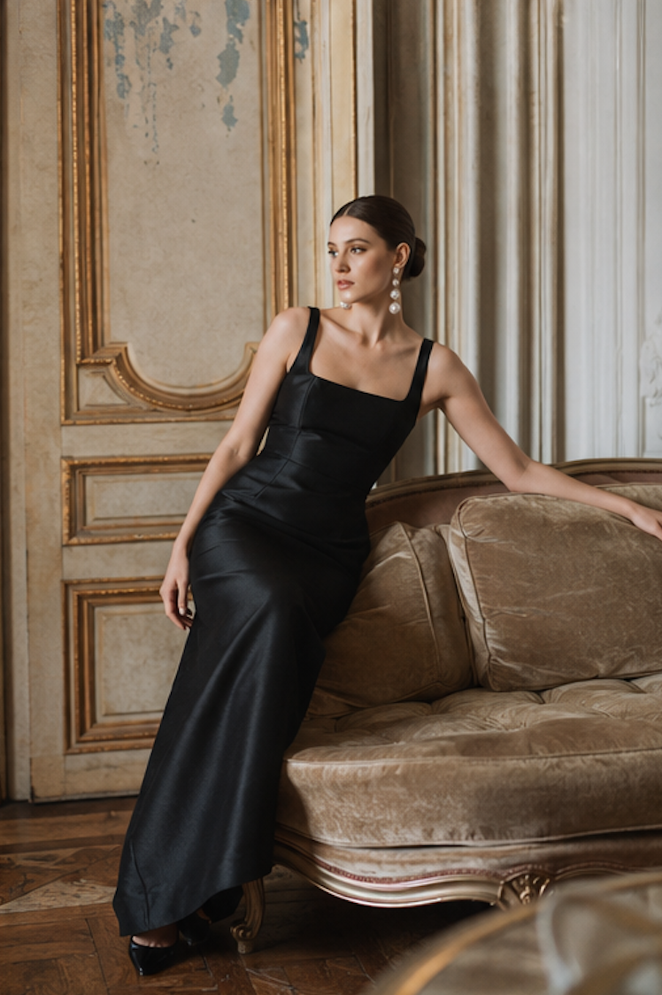 Model wearing a black square-neck satin evening gown by Kitty Dickerson-Firth
