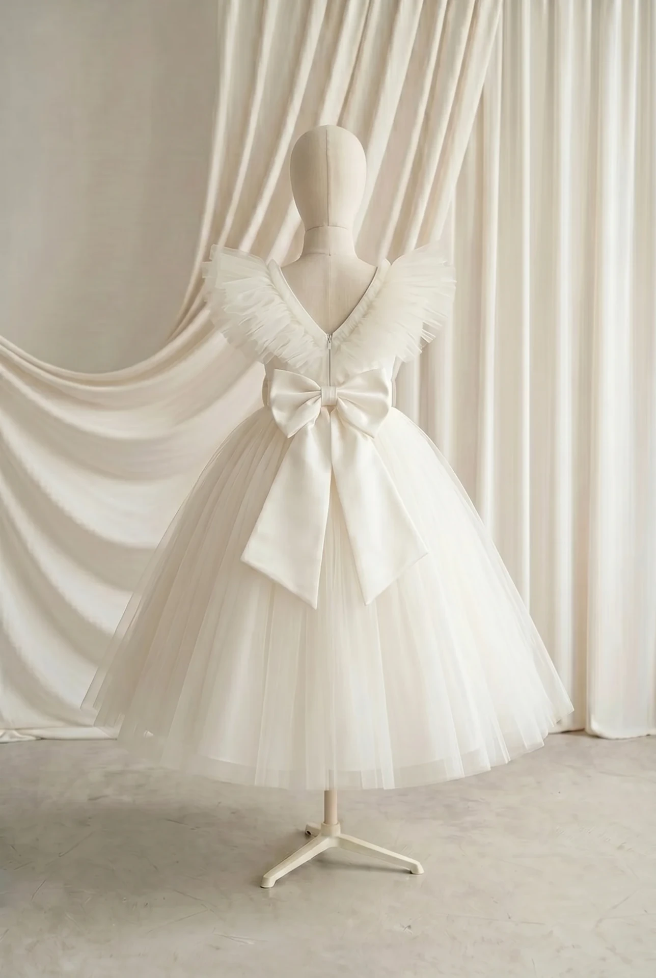 Ivory gown with a large satin bow at the back on a mannequin against draped cream fabric