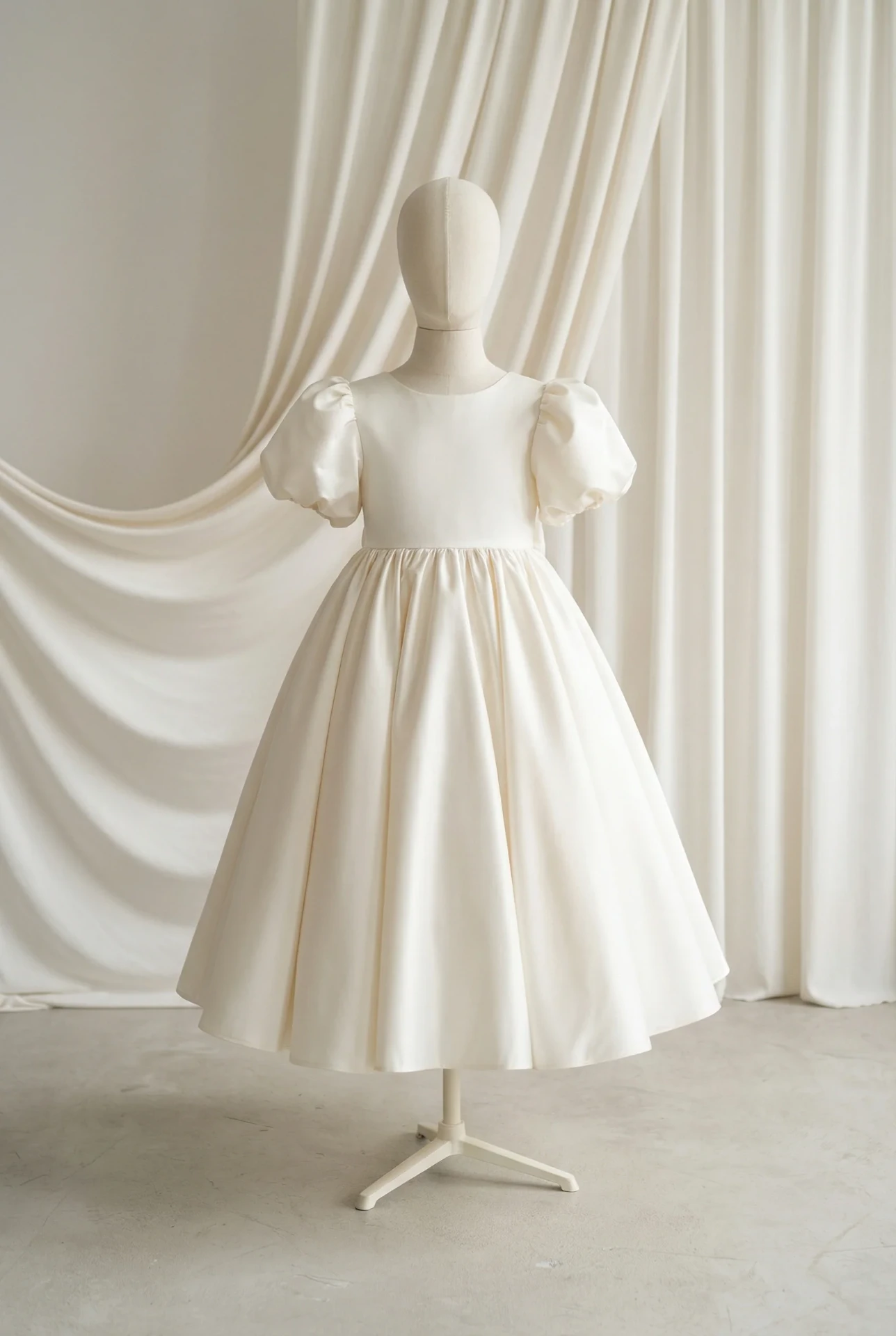 Ivory satin puff-sleeve gown on a mannequin against draped cream fabric