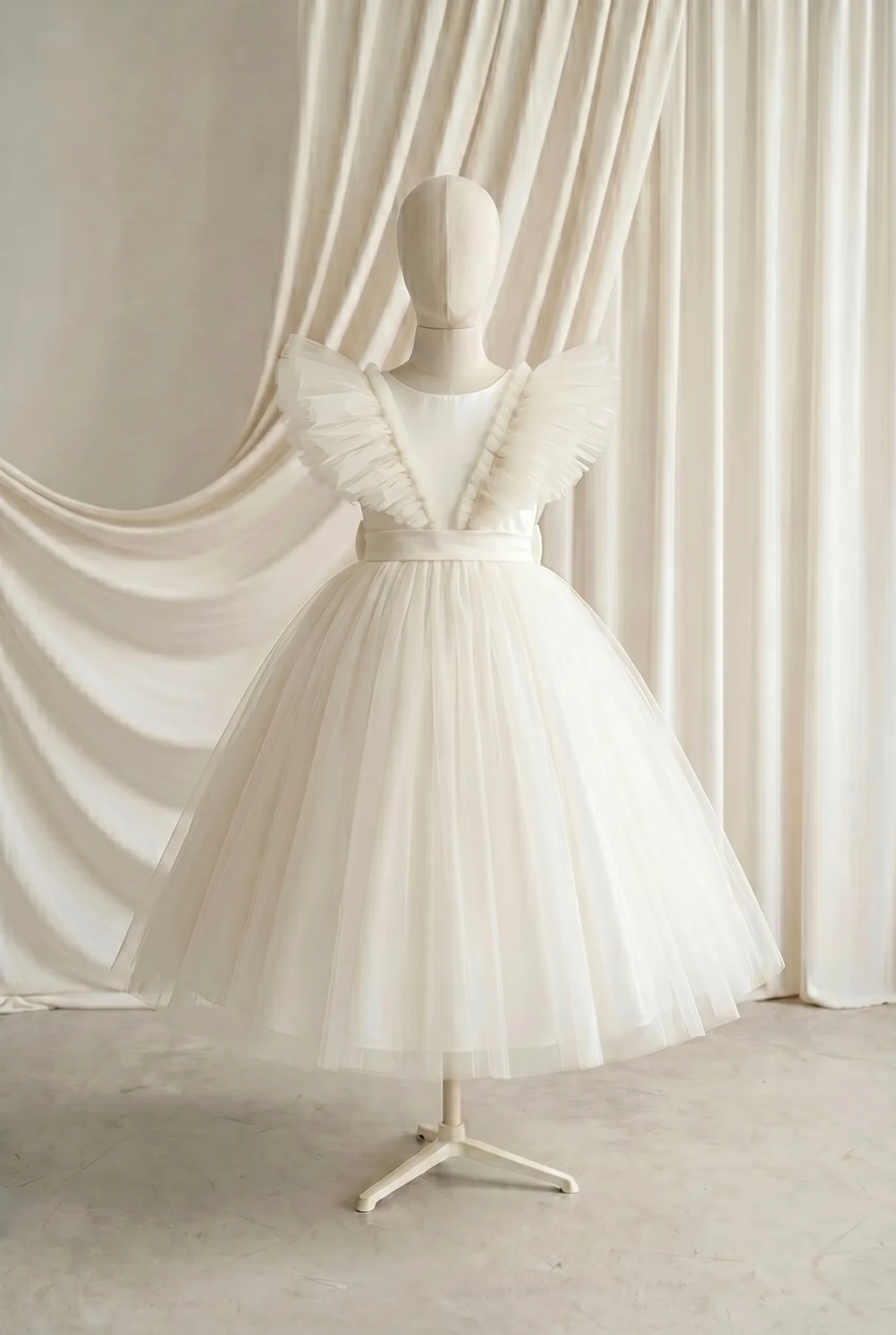 Ivory tulle gown with tiered ruffle shoulders on a mannequin against draped cream fabric