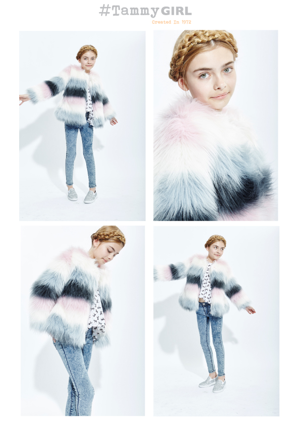 Lookbook card of a girl in a striped faux fur coat, printed white top, acid-wash jeans and glitter trainers