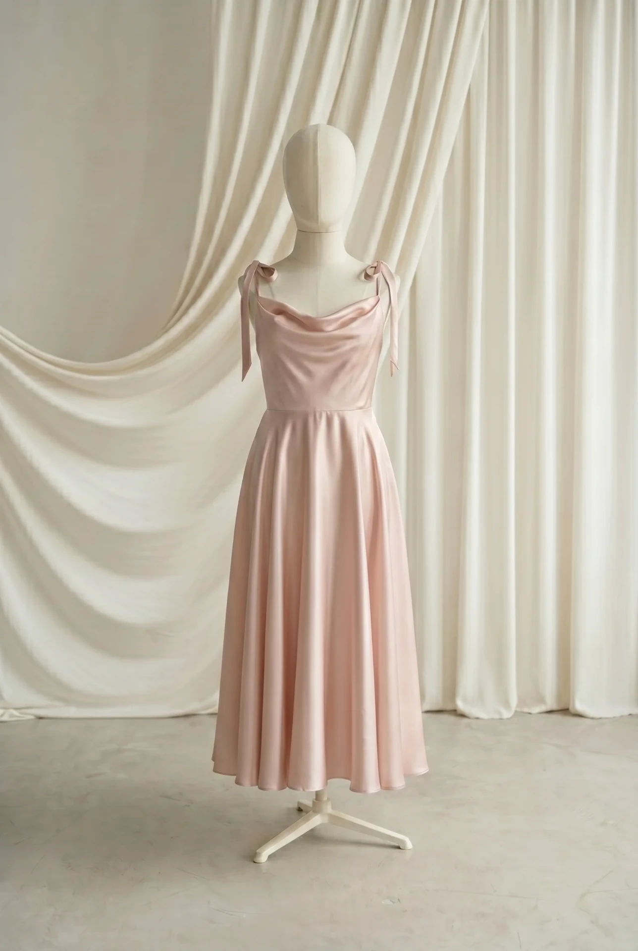 Blush satin tie-shoulder dress on a mannequin against draped cream fabric